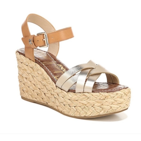 New! SAM EDELMAN Darline Gold Leather Espadrilles Wedge Sandals Heel Size 9.5 - Picture 6 of 16